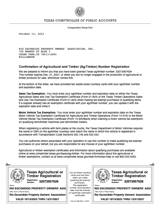 Agricultural and Timber Registration Certificate