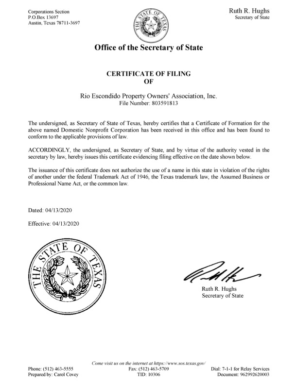 Non-Profit Corporation Certificate of Filing